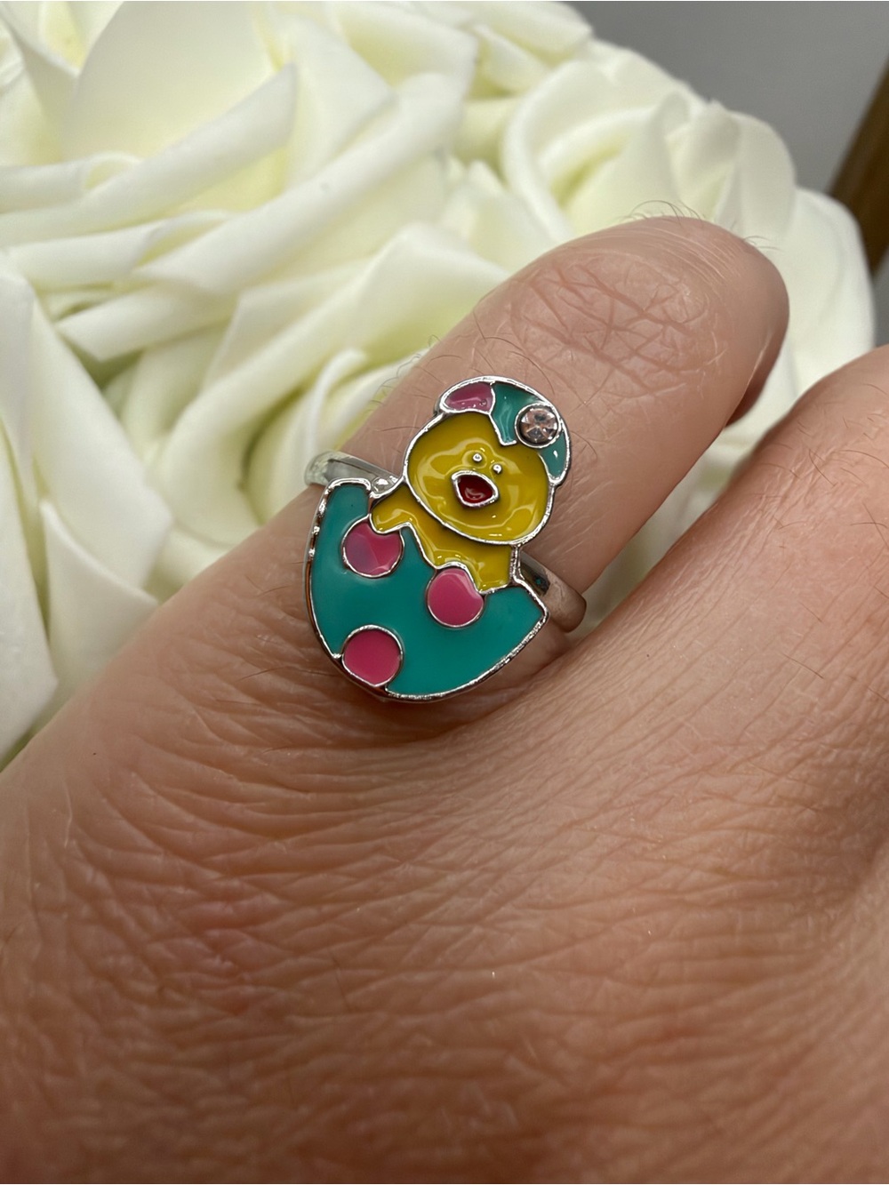 Cute Chick-in-Egg Kids Ring - Teal, Pink & Yellow